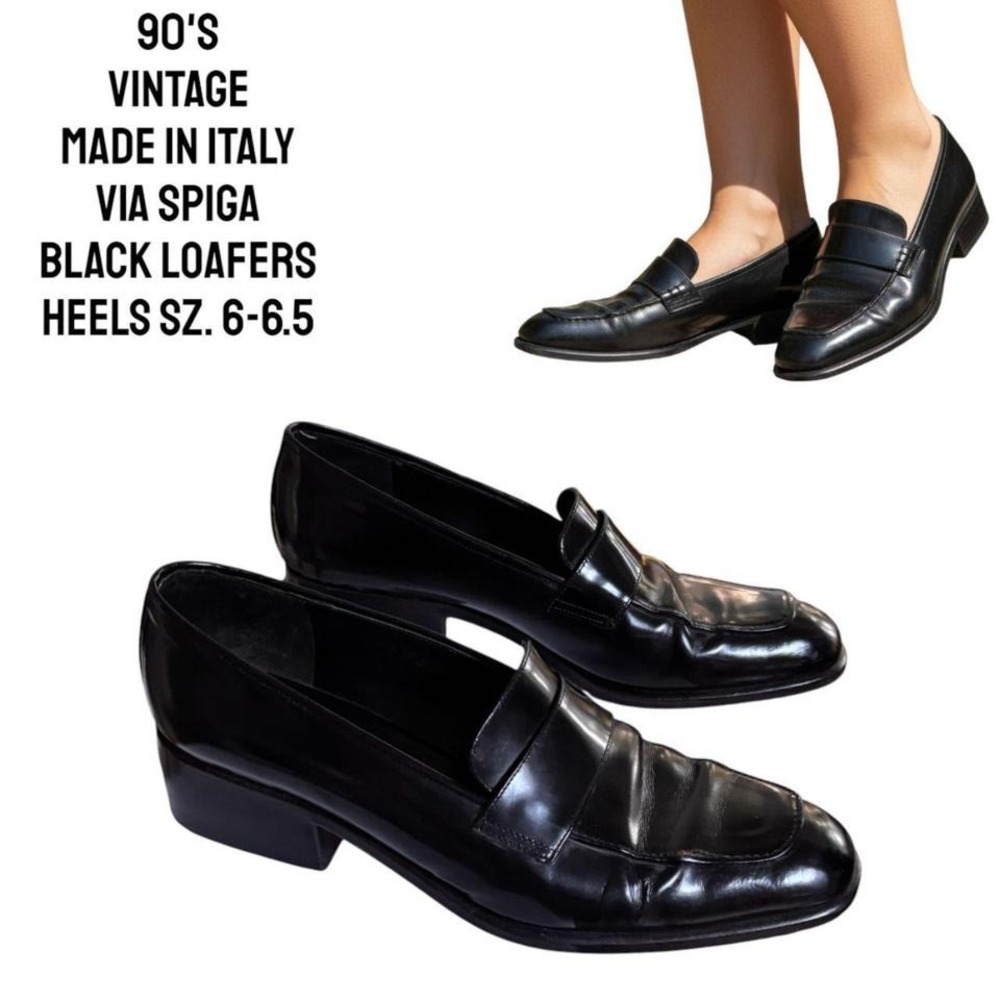 90'S VTG. MADE IN ITALY VIA‎ SPIGA BLACK LEATHER LOAFERS SZ. 6-6.5